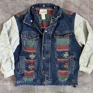 Women's Vintage 90s Ash Creek Trading Blue Tribal Aztec Jean Bomber Jacket Sz XL